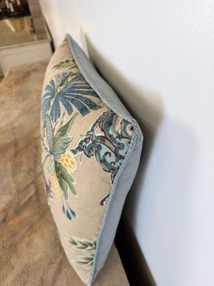 Designer Linen Throw Pillow in Exotic “Braganza” Jungle Print with Leopard Motif