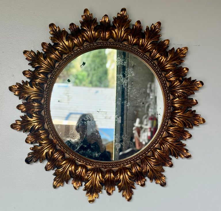 Mid-Century Giltwood Sunburst Mirror with Antiqued Mercury Glass