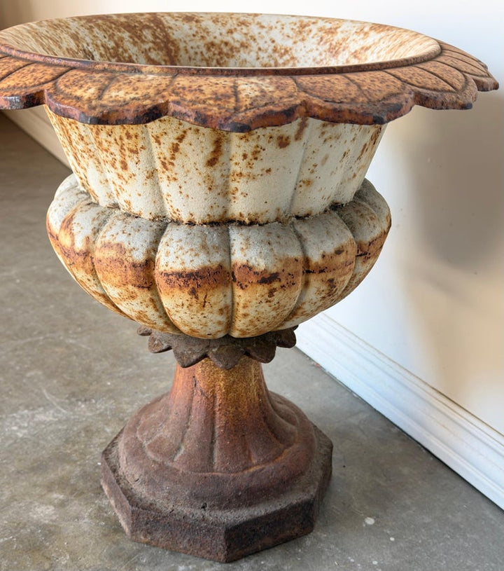 Antique French Cast Iron Garden Urn, Distressed Patina, 19th Century