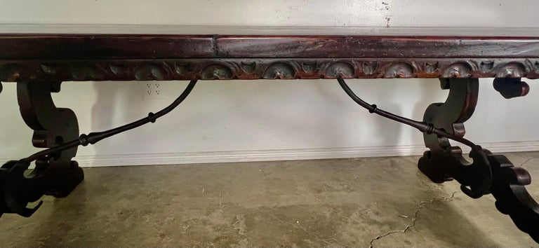 19th Century Italian Walnut Dining Table w/ Iron Stretcher