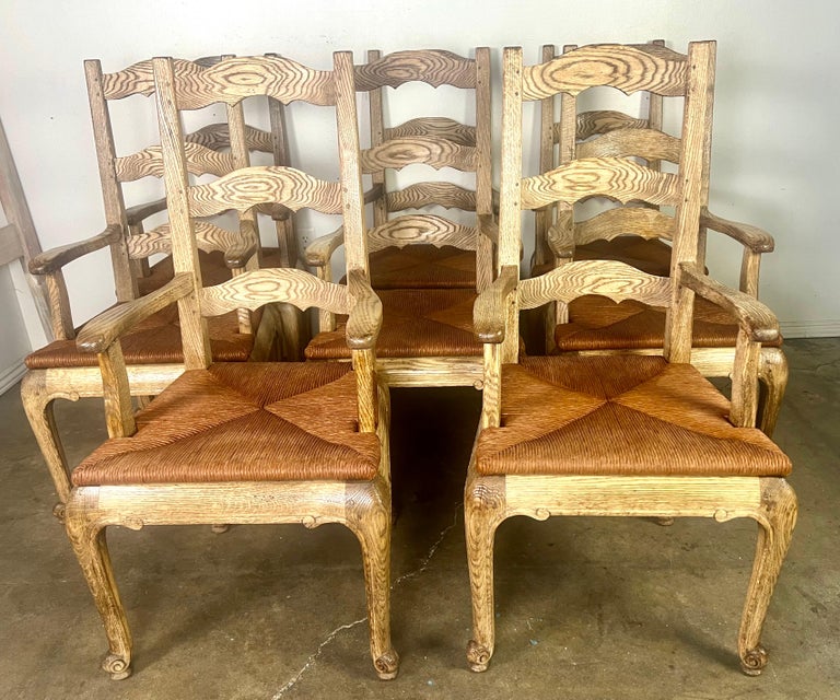 Set of Eight French Country Ladder Back Dining Chairs/ Rush Seats