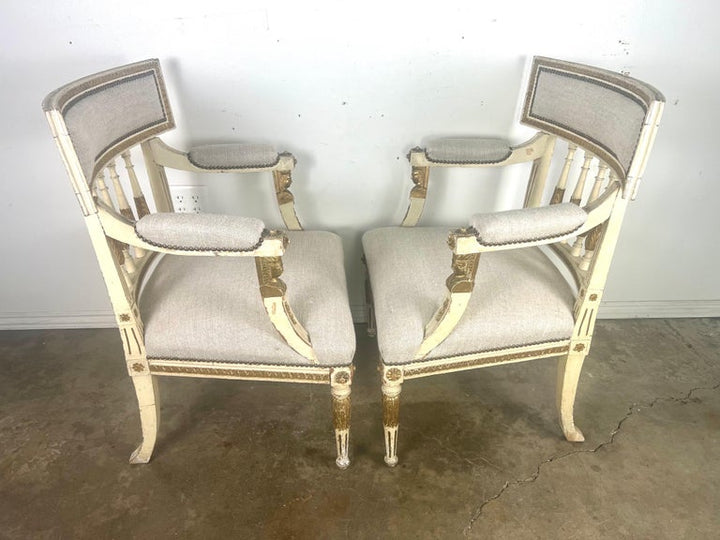 Pair of Italian Neoclassical Style Painted & Parcel Gilt Armchairs C. 1900's