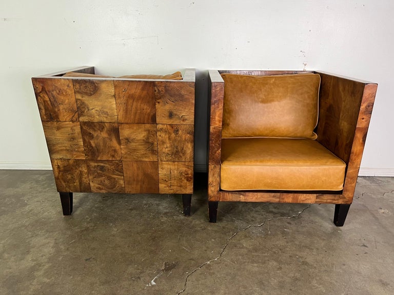 Pair of Modern Burl Walnut Armchairs w/ Leather Cushions