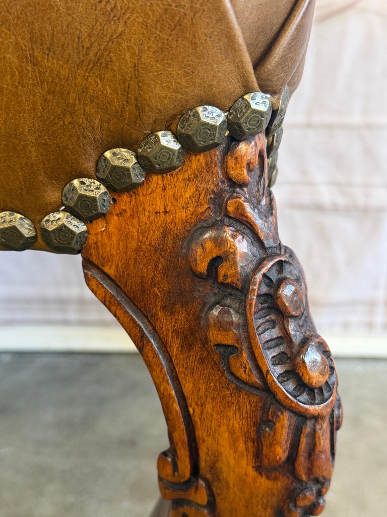 Antique French Louis XV Bench, Hand-Carved Wood &amp; Brown Leather