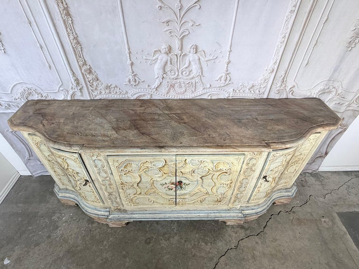 Italian Rococo Painted Serpentine Credenza with Floral Cartouches