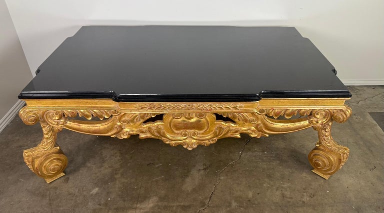 Baroque-Style 22K Gold Leaf Carved Coffee Table with Black Stone Top