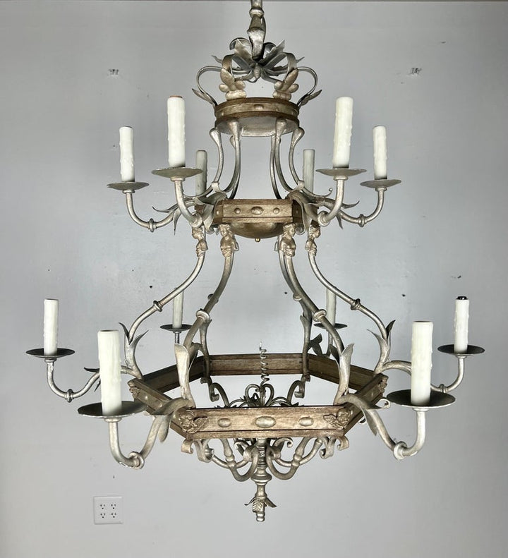 Monumental Two-Tiered 12-Light Silvered Chandelier w/ Crown