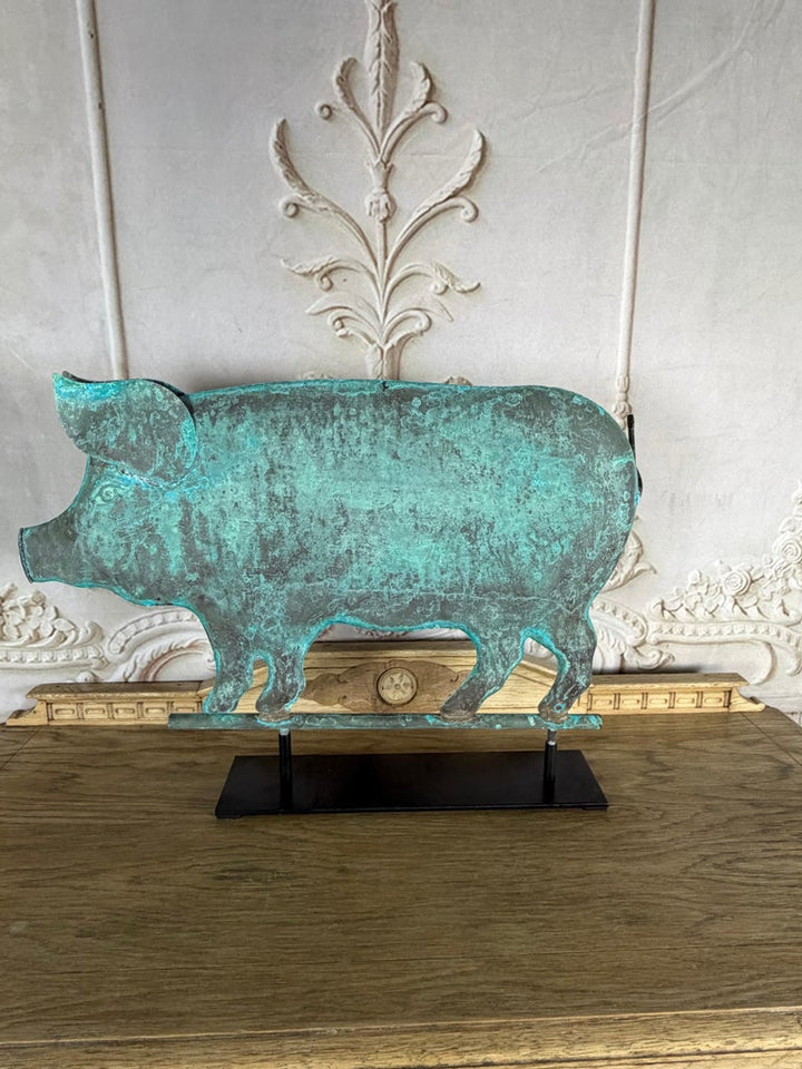 Folk Art Copper Pig Weathervane Object on Iron Base