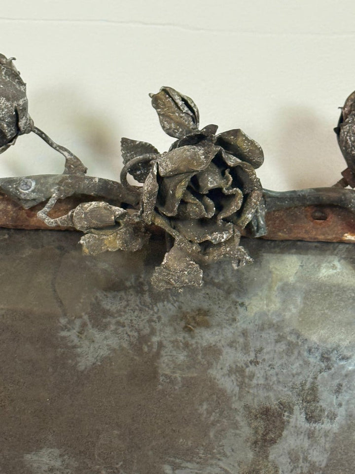 Antique Mid-Century Wrought Iron Mirror with Floral Motif