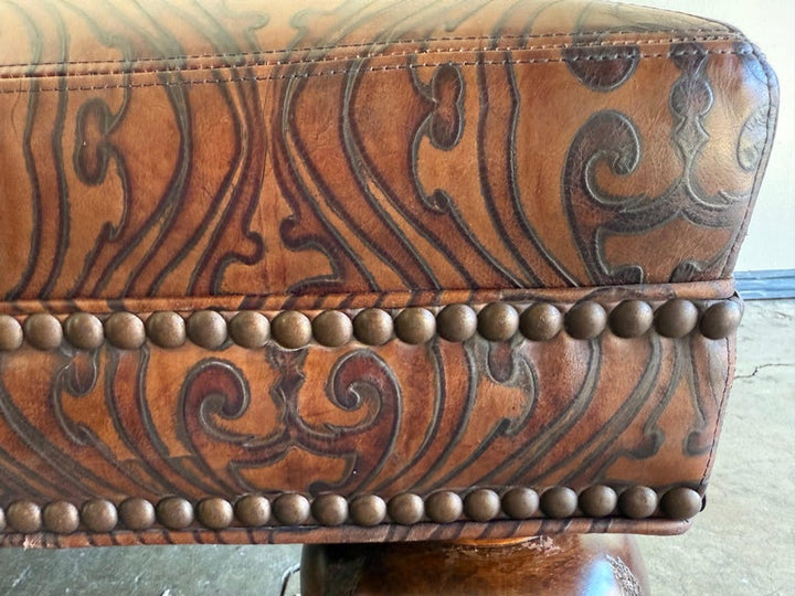 Large Embossed Leather Ottoman with Bun Feet