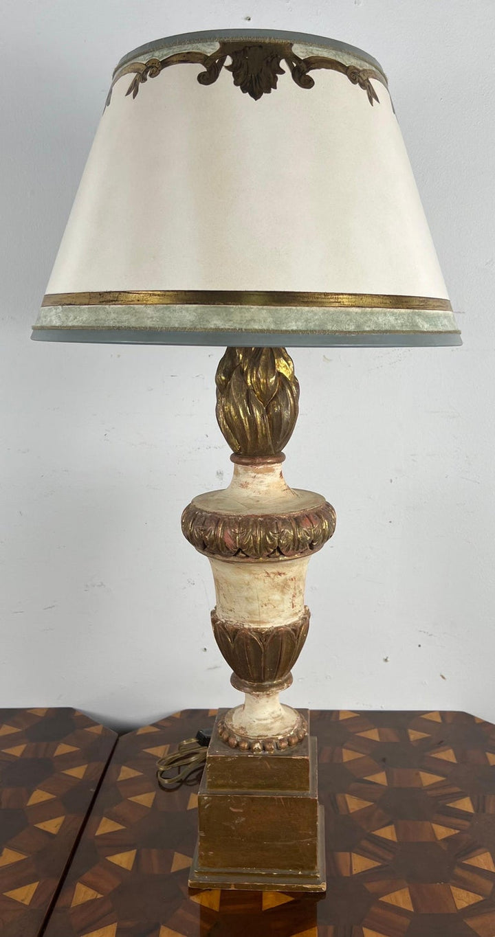 Pair of Painted & Parcel Gilt Carved Flame Lamps w/ Parchment Shades