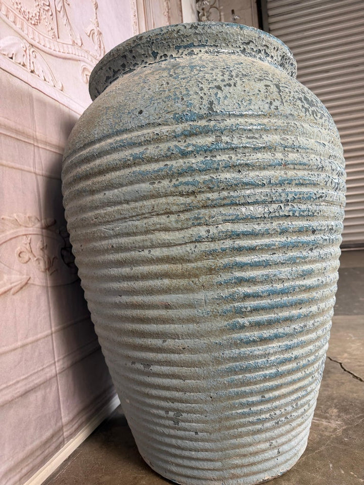 Pair of Antique Weathered Terracotta Garden Urns with Blue Patina