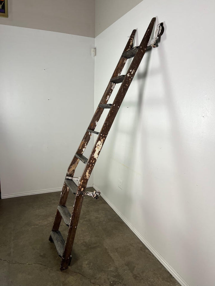 Antique Rustic Library Ladder, Iron & Wood with Distressed Patina