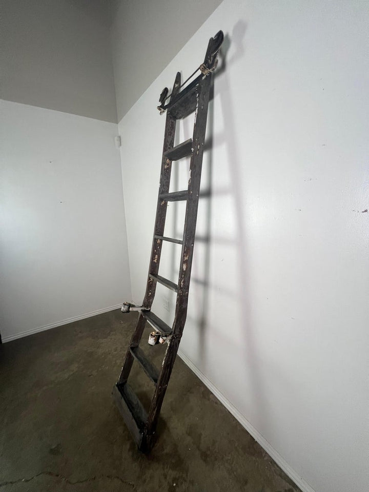 Antique Rustic Library Ladder, Iron & Wood with Distressed Patina