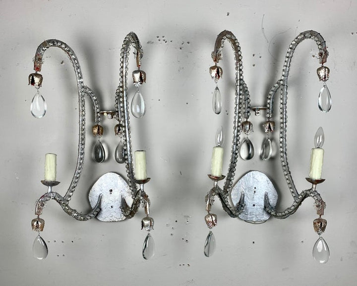 Pair of Silvered 2-Light Crystal Sconces