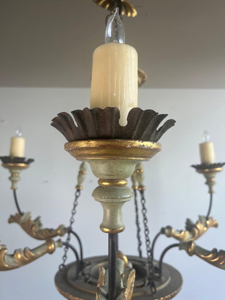 Italian Painted & Parcel Gilt Six Light Chandelier