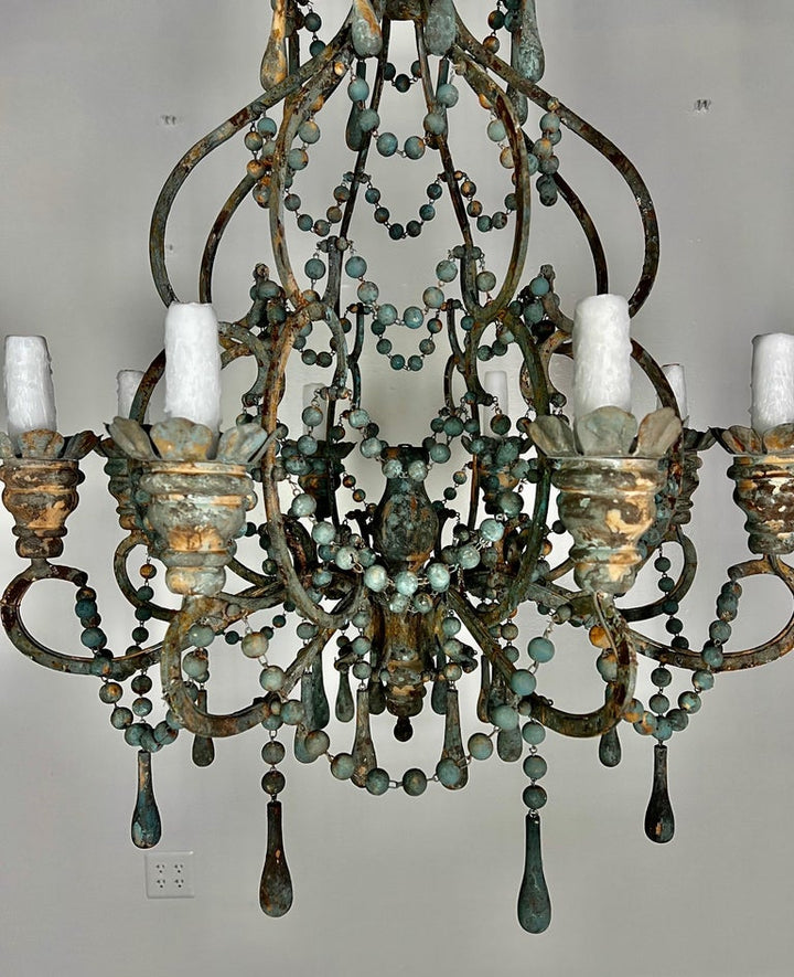 Italian Style Wood and Iron Chandelier with Wood Drops By MLA