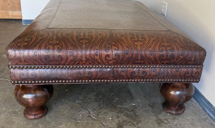Large Embossed Leather Ottoman with Bun Feet