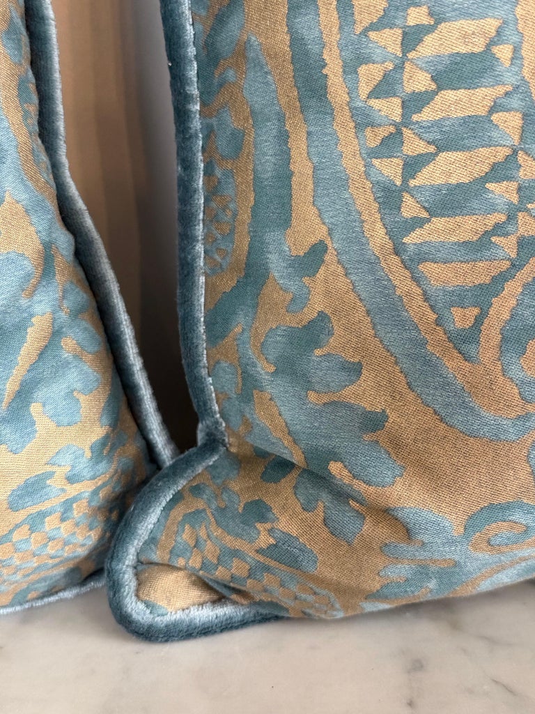 Authentic Fortuny Aquamarine Velvet &amp; Gold Pillows, Italy, 21st Century