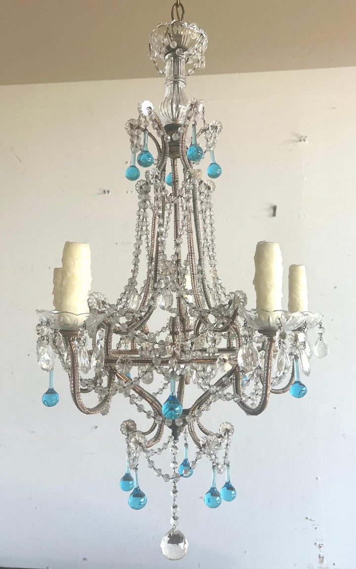 Five Light Italian Crystal Beaded Chandelier C. 1930