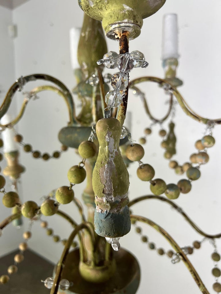 12-Arm Painted Wood Beaded Chandelier with Tassels