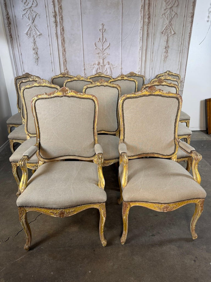 Set of 14 French Louis XV Style Distressed Dining Chairs with Linen Upholstery