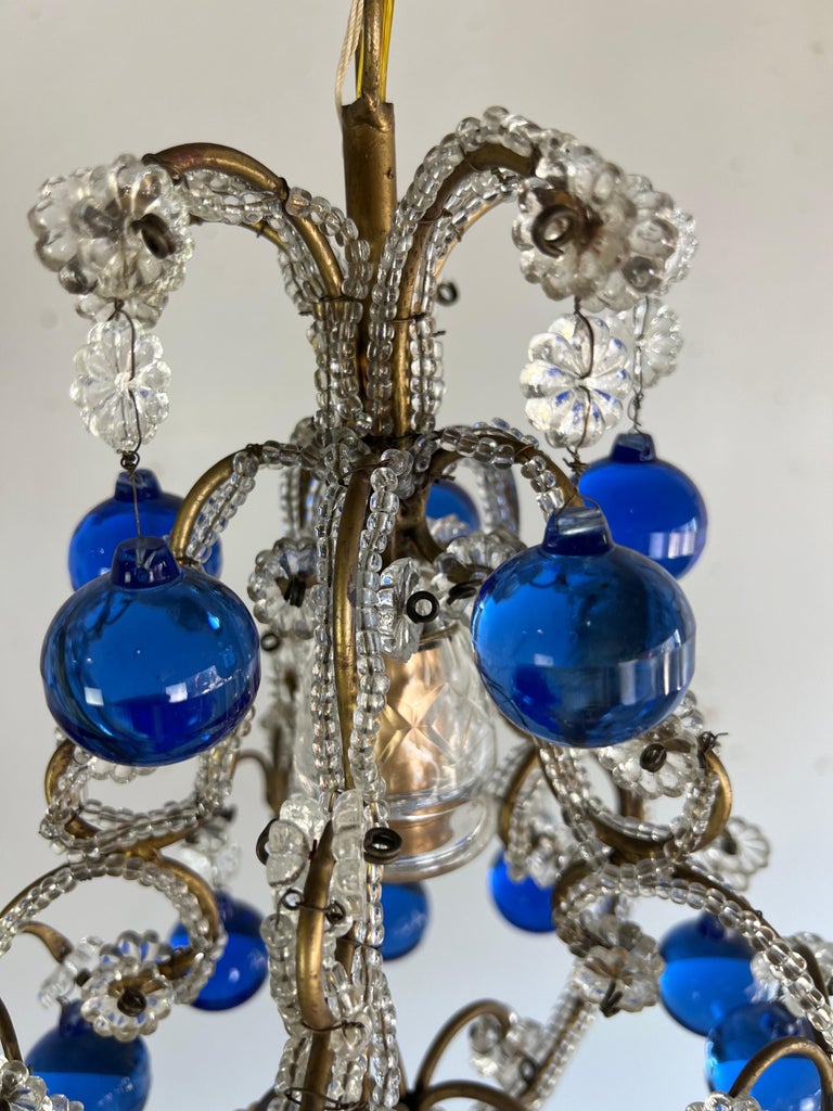 French Crystal Beaded Chandelier w/ Cobalt Drops C. 1920