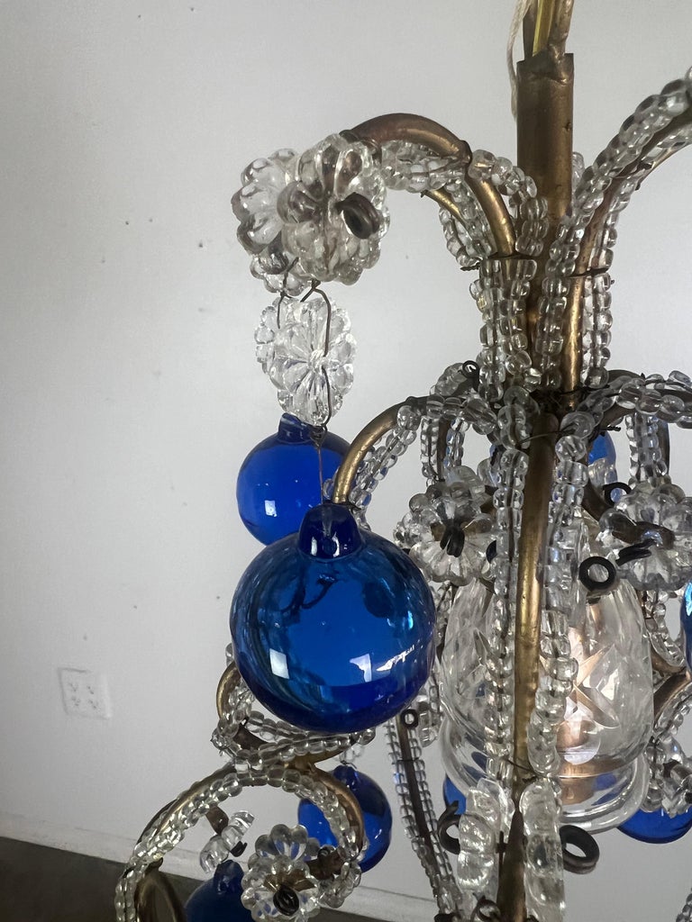 French Crystal Beaded Chandelier w/ Cobalt Drops C. 1920