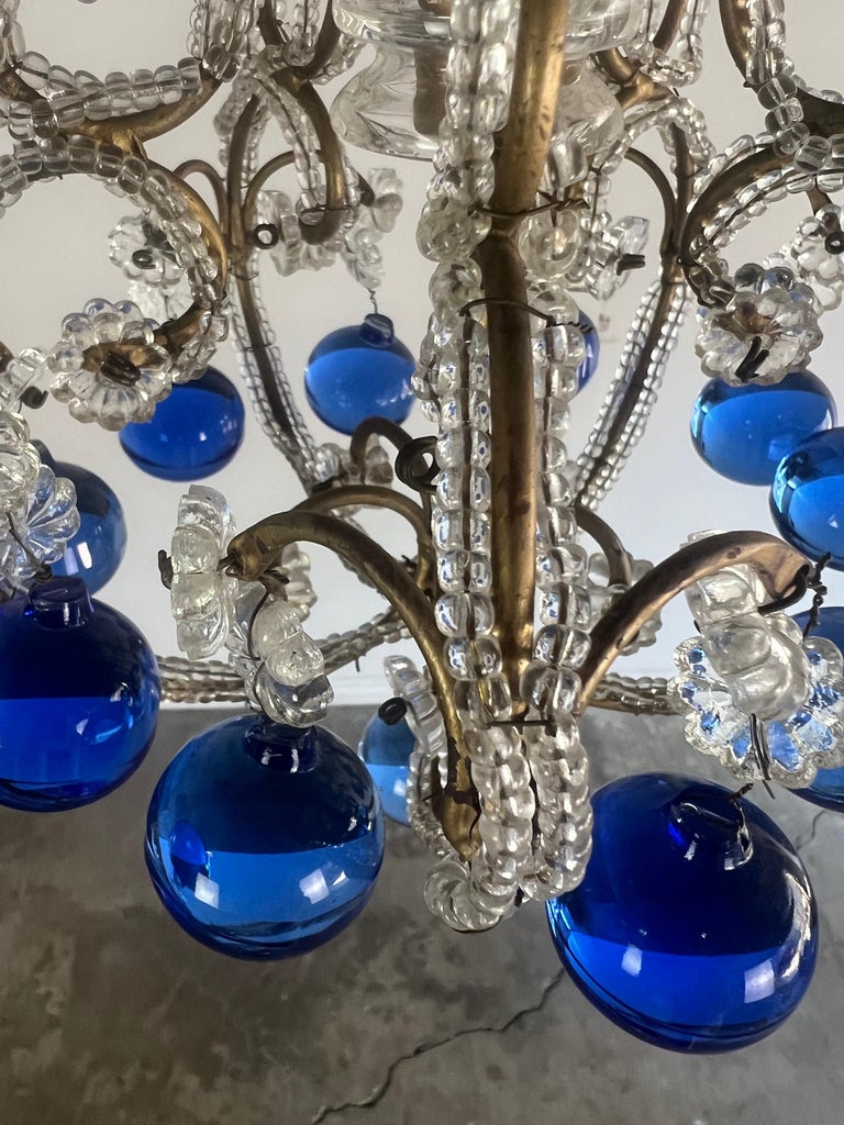 French Crystal Beaded Chandelier w/ Cobalt Drops C. 1920