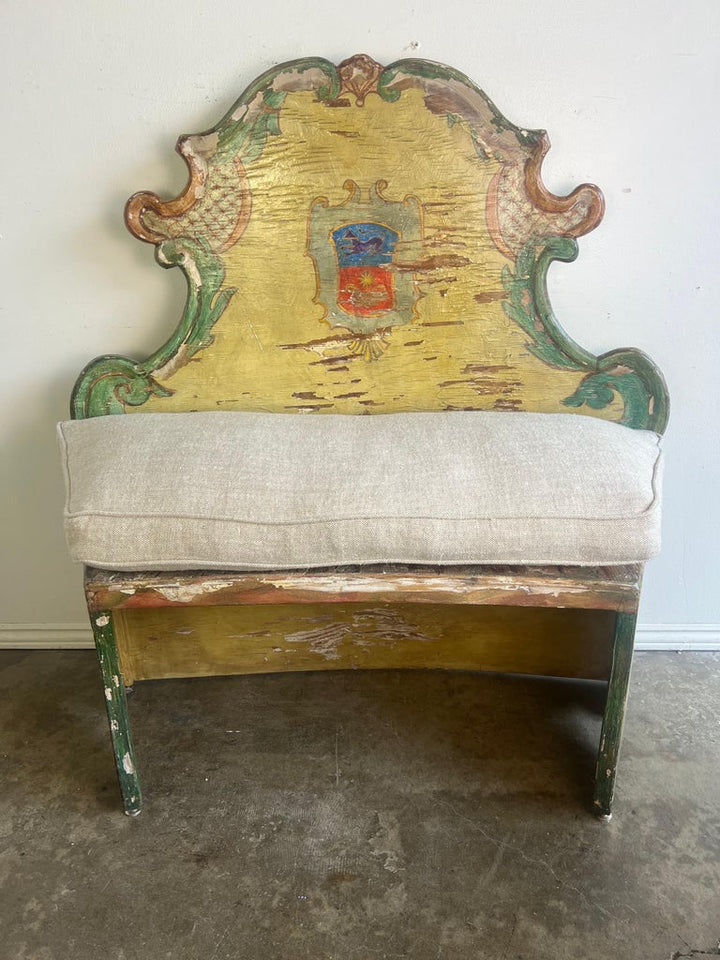 19th-century Venetian Painted Bench w/ Down Cushion