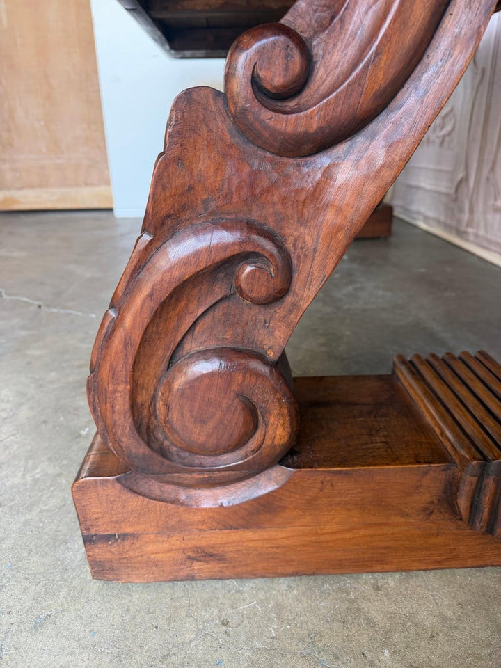 Spanish Colonial Revival Walnut Dining Table with Hand-Carved Scrollo