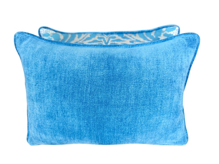 Pair of Custom Fortuny Textile Pillows in Blue with Velvet Backs