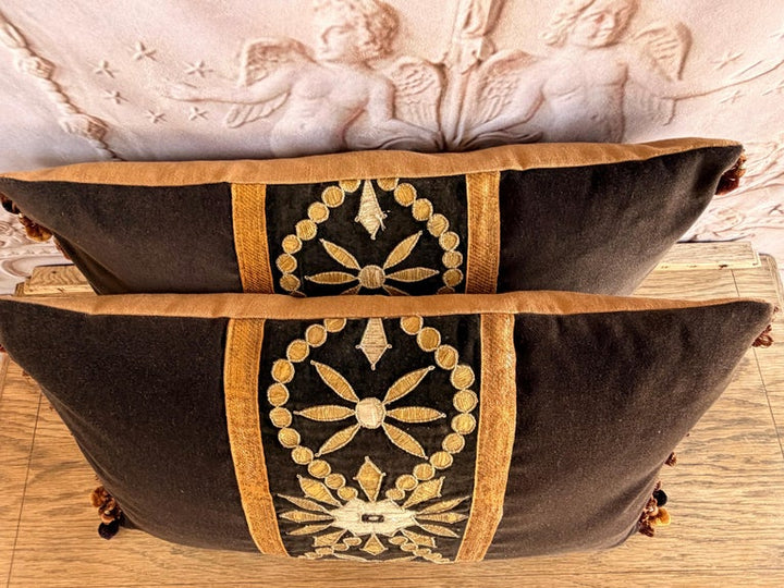 Pair of Custom Velvet Pillows with 19th Century French Appliqué Panels