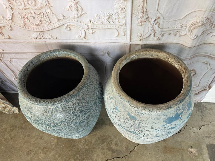Pair of Antique Weathered Terracotta Garden Urns with Blue Patina