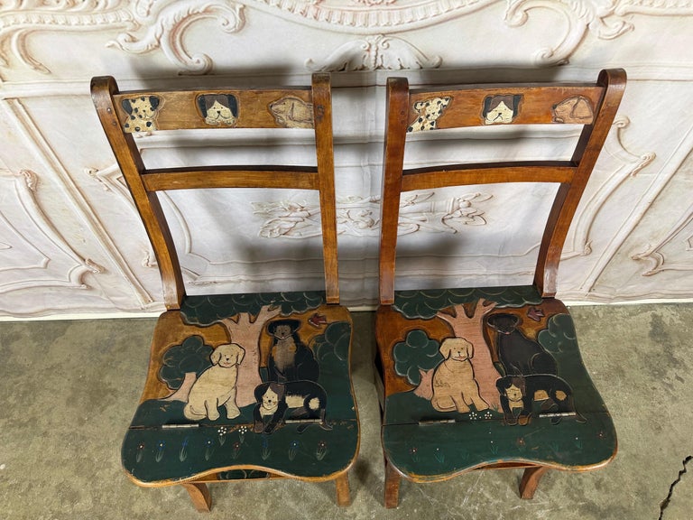 Pair of Hand-Painted Convertible Library Step Ladder Chairs with Dog Motif