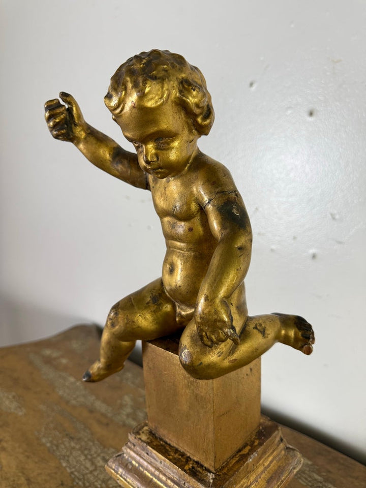 19th Century Italian Giltwood Cherub on Carved Plinth Base