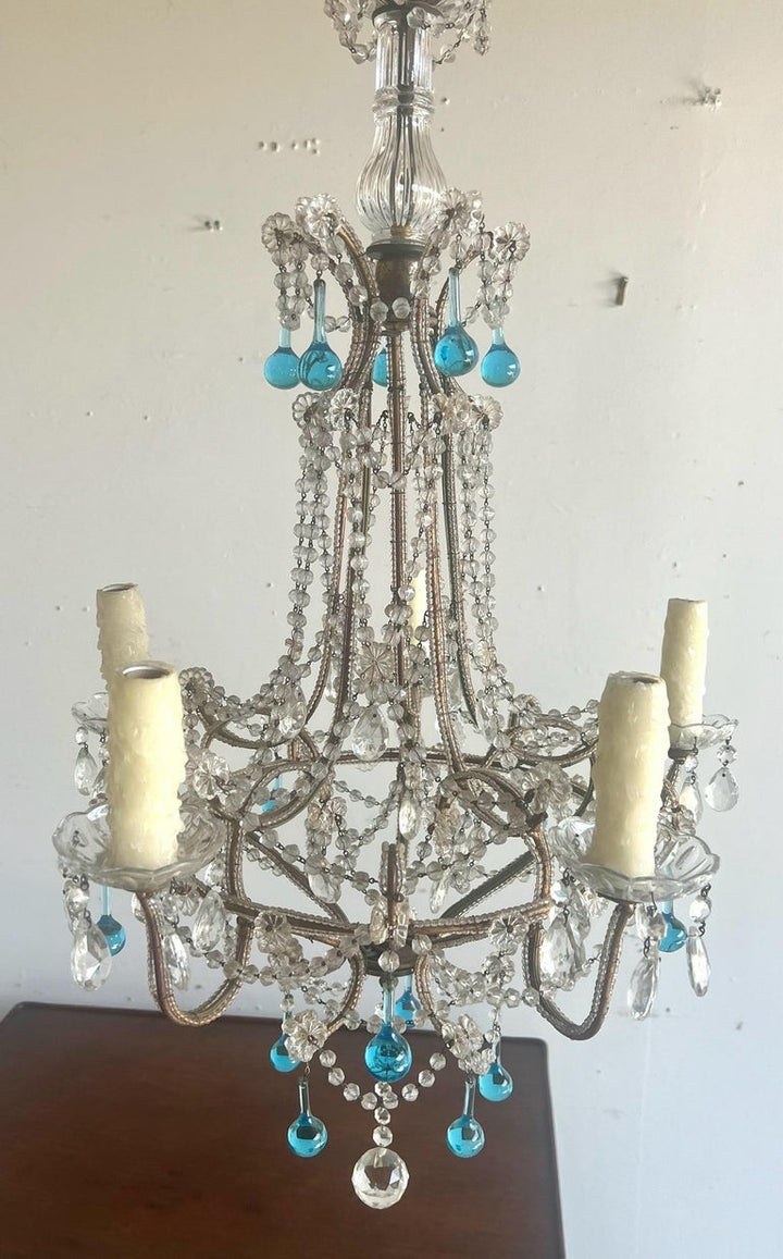 Five Light Italian Crystal Beaded Chandelier C. 1930