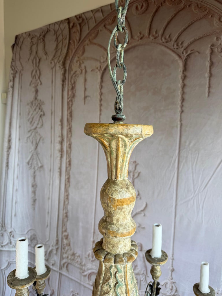 Monumental Italian Rococo Painted Wood & Wrought Iron 12-Light Chandelier