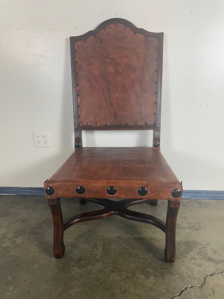 Set of Eight Spanish Walnut & Leather Dining Chairs