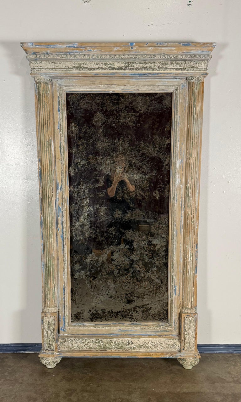 Large 19th Century French Neoclassical Trumeau Mirror with Aged Painted Finish