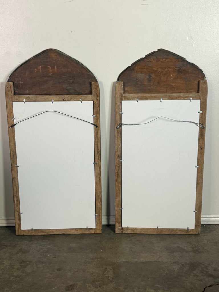 Pair of 19th Century Painted Folk Art Arched Mirrors with Heraldic Lion Crests