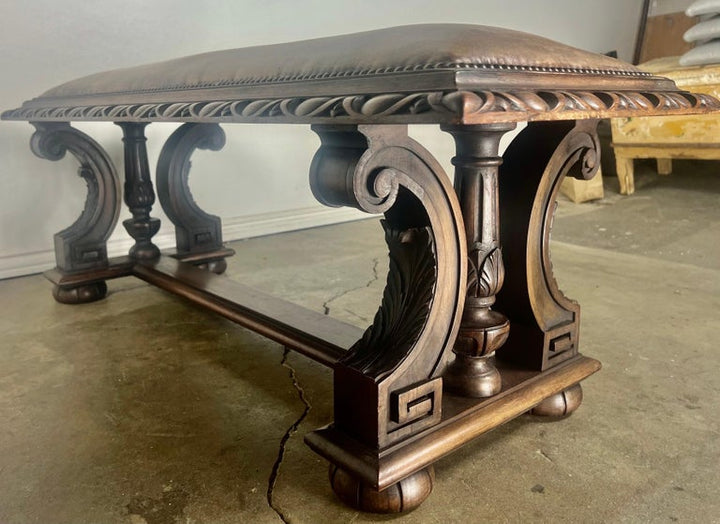 Leather Upholstered English Bench w/ Egg & Dart Detail
