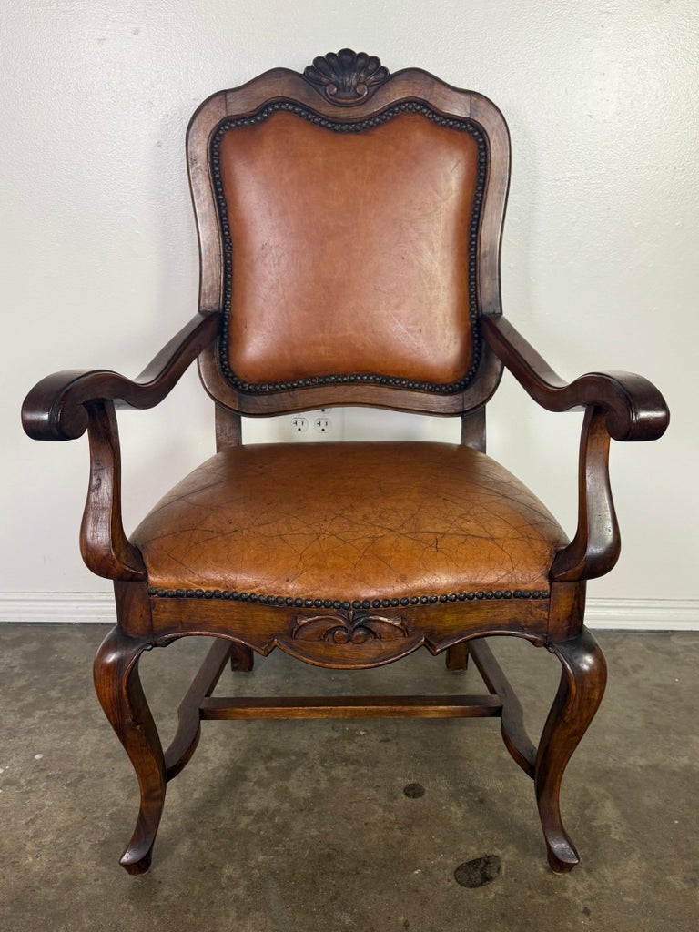 Set of Eight French Carved Wood Dining Chairs with Leather Upholstery