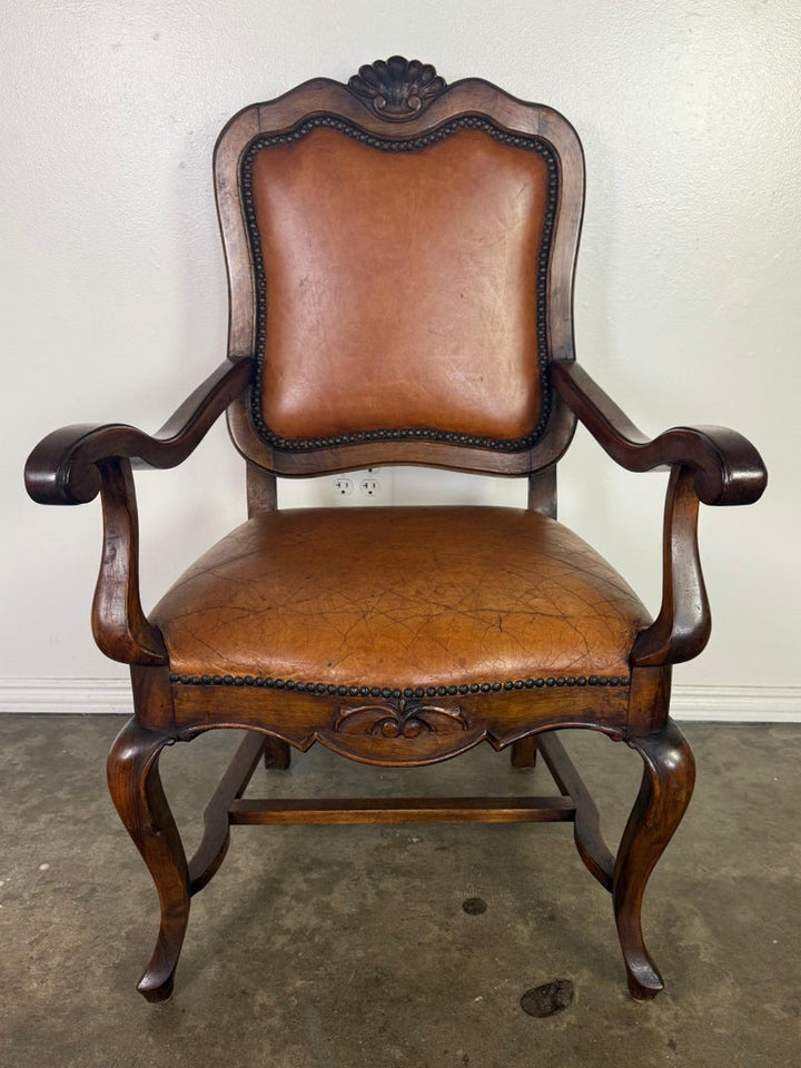 Set of Eight French Carved Wood Dining Chairs with Leather Upholstery