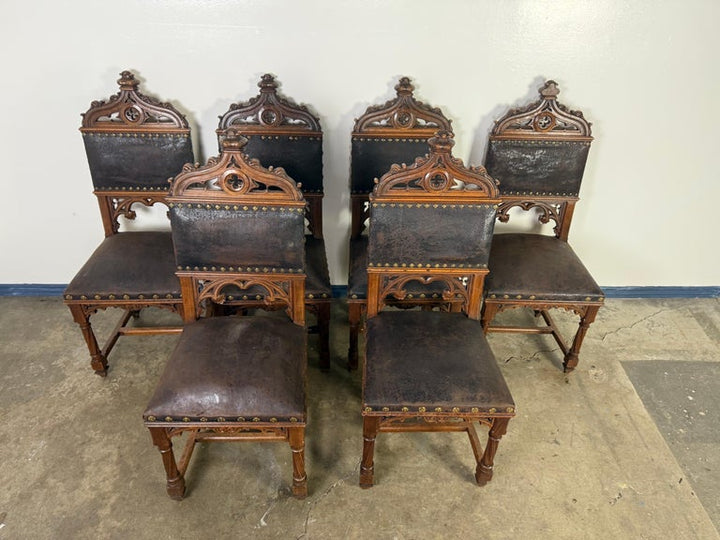 Set of Six 19th C. Gothic-Style Leather Dining Chairs