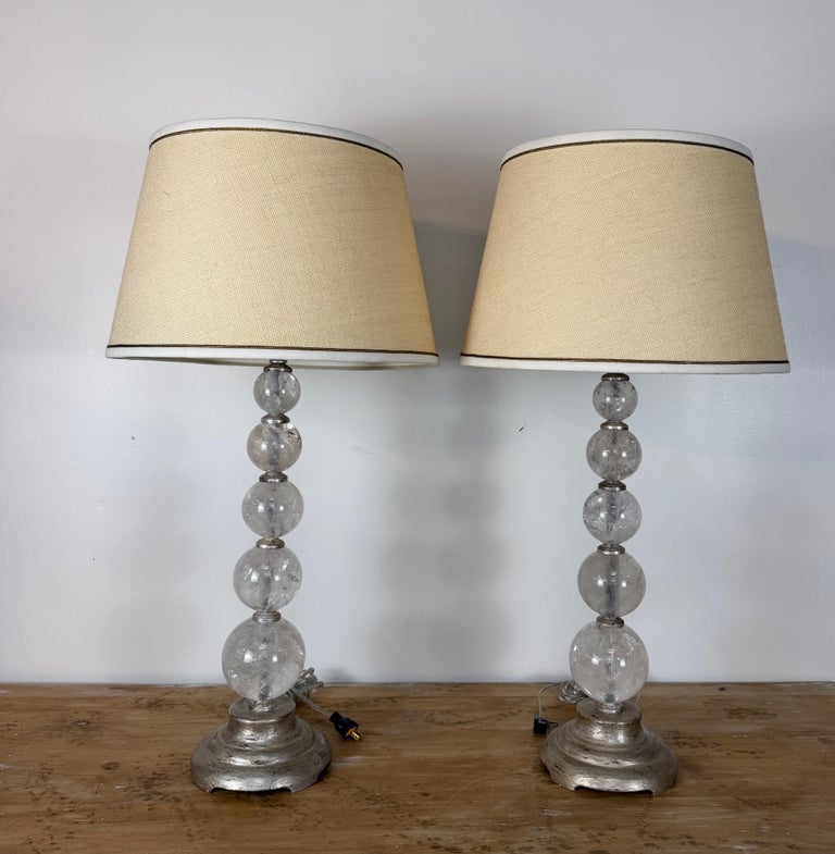 Pair of Hollywood Regency Rock Crystal Stacked Orb Table Lamps - Silver Leaf