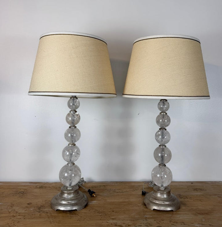 Pair of Hollywood Regency Rock Crystal Stacked Orb Table Lamps - Silver Leaf