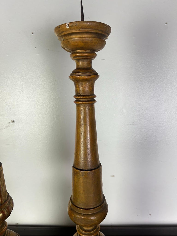 Pair of 19th-Century Italian Gilt Wood Candlesticks w/ Prickets