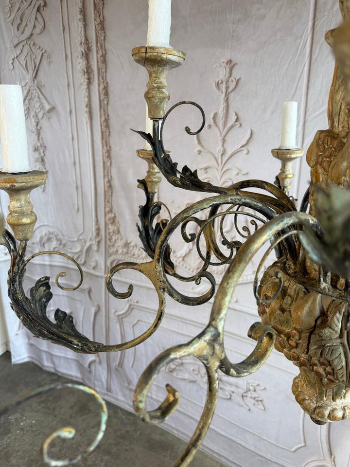 Monumental Italian Rococo Painted Wood & Wrought Iron 12-Light Chandelier