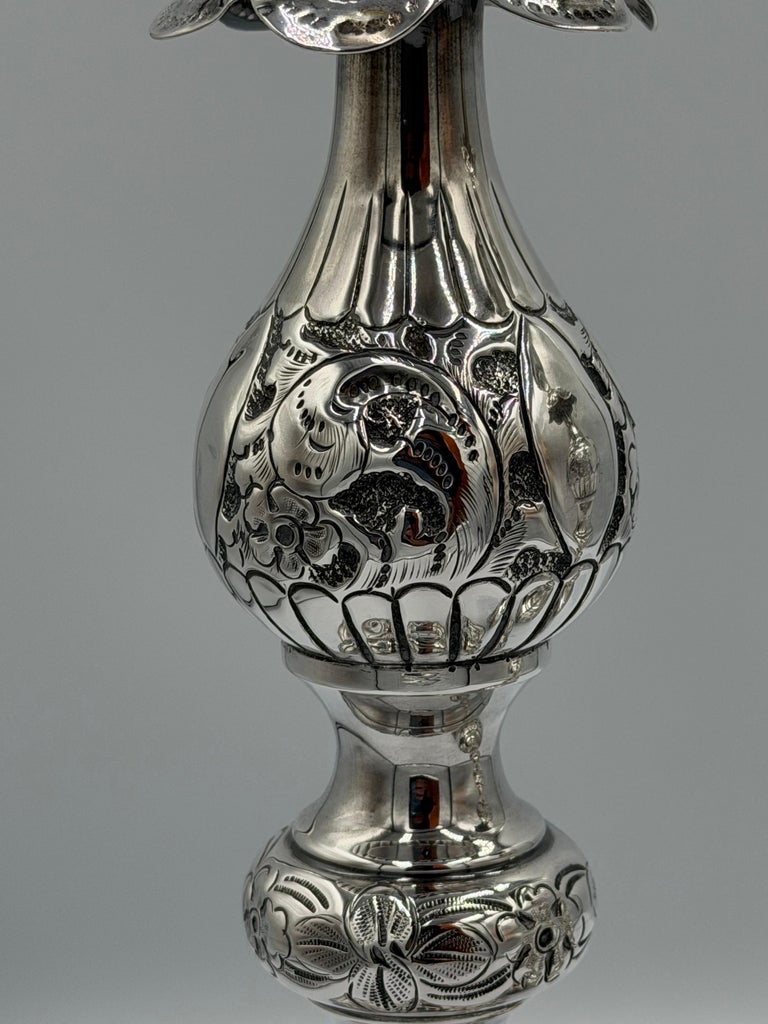 Pair of Antique Sterling Silver Baroque Revival Candlesticks with Repoussé